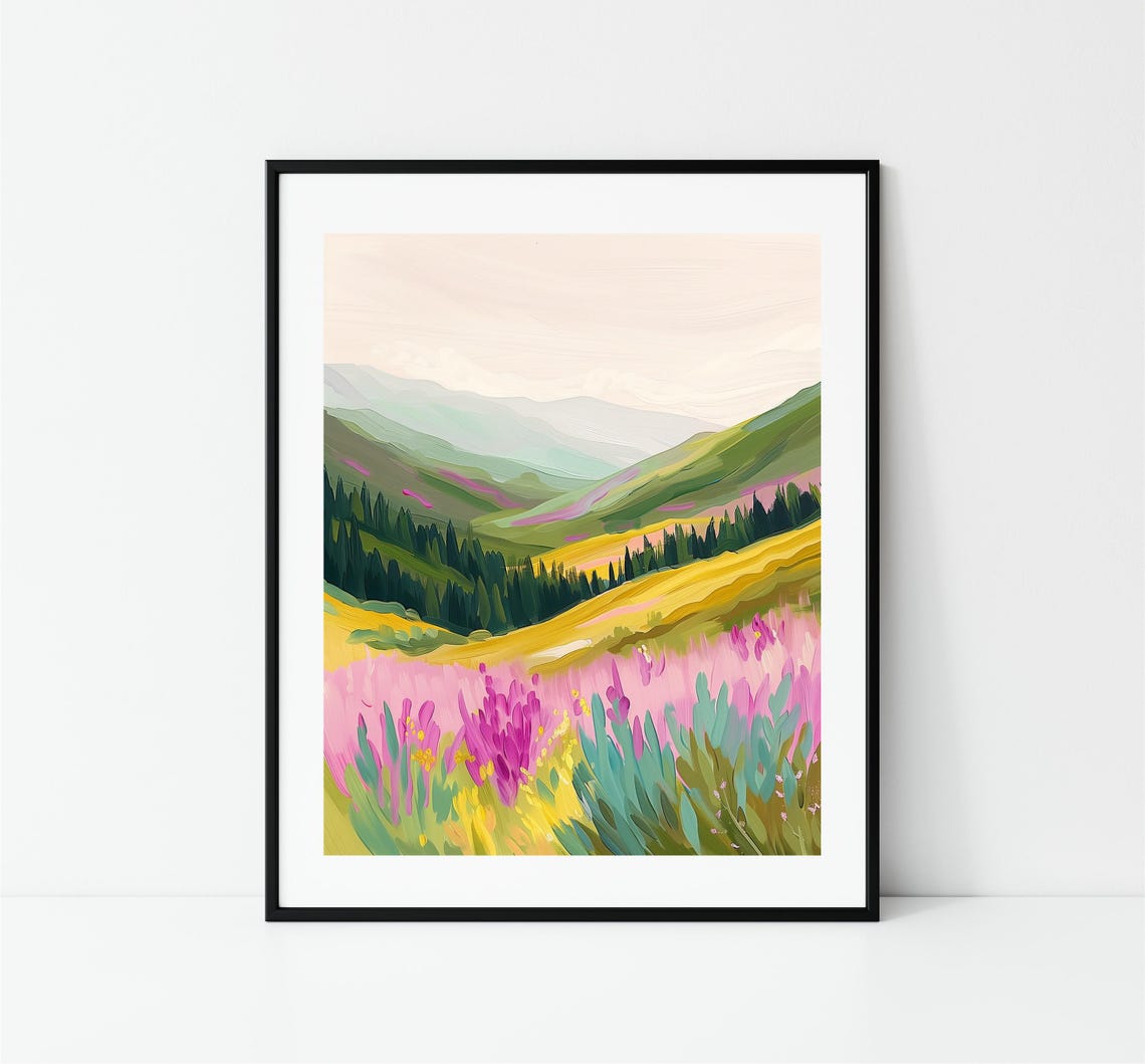 Pink Wildflower Meadow Mountain Valley Golden Hills Landscape Poster - Image 3