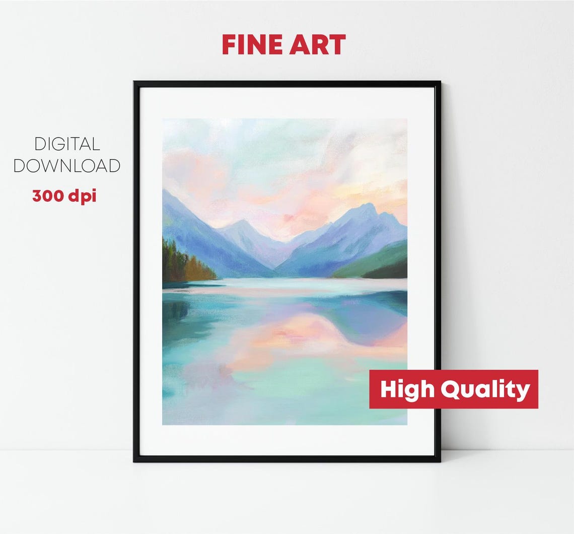 Turquoise Mountain Lake Pink Sky Reflection Landscape Art Print - Image 2