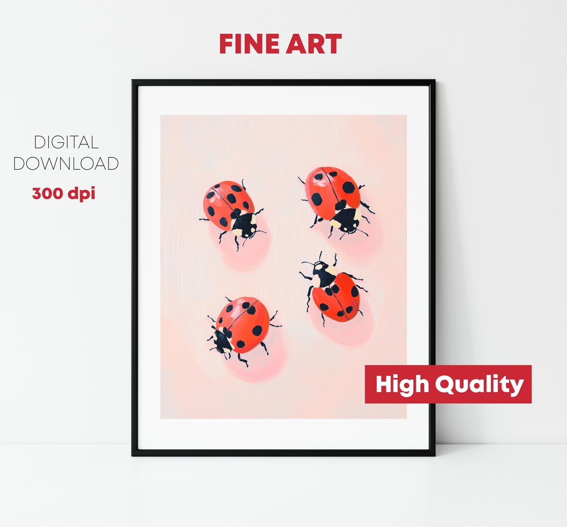 Red Ladybugs Pink Background Cute Insect Playful Nursery Art Print - Image 2