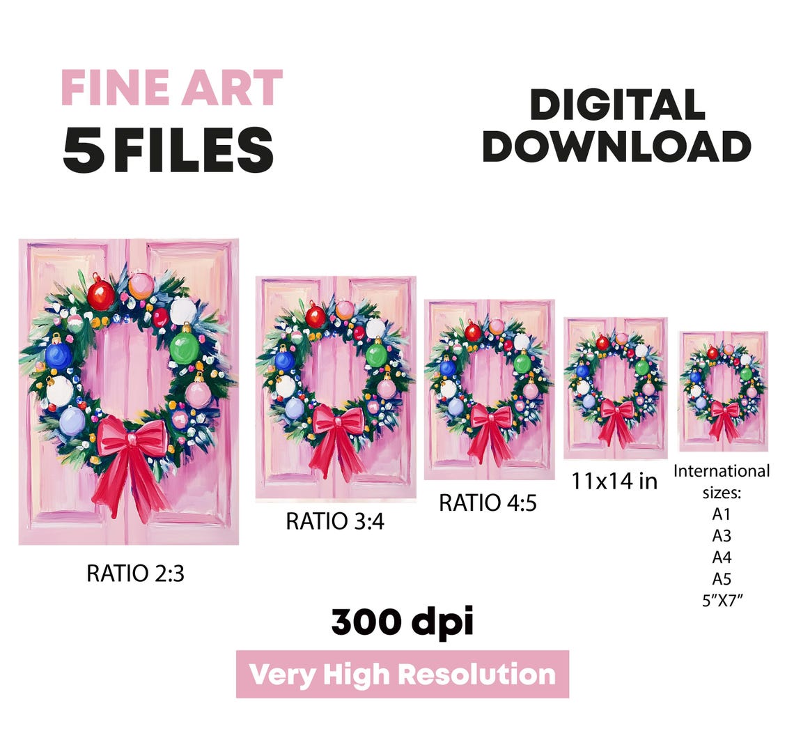 Christmas Wreath Colorful Ornaments Red Bow Pink Door Holiday Print - Image 4