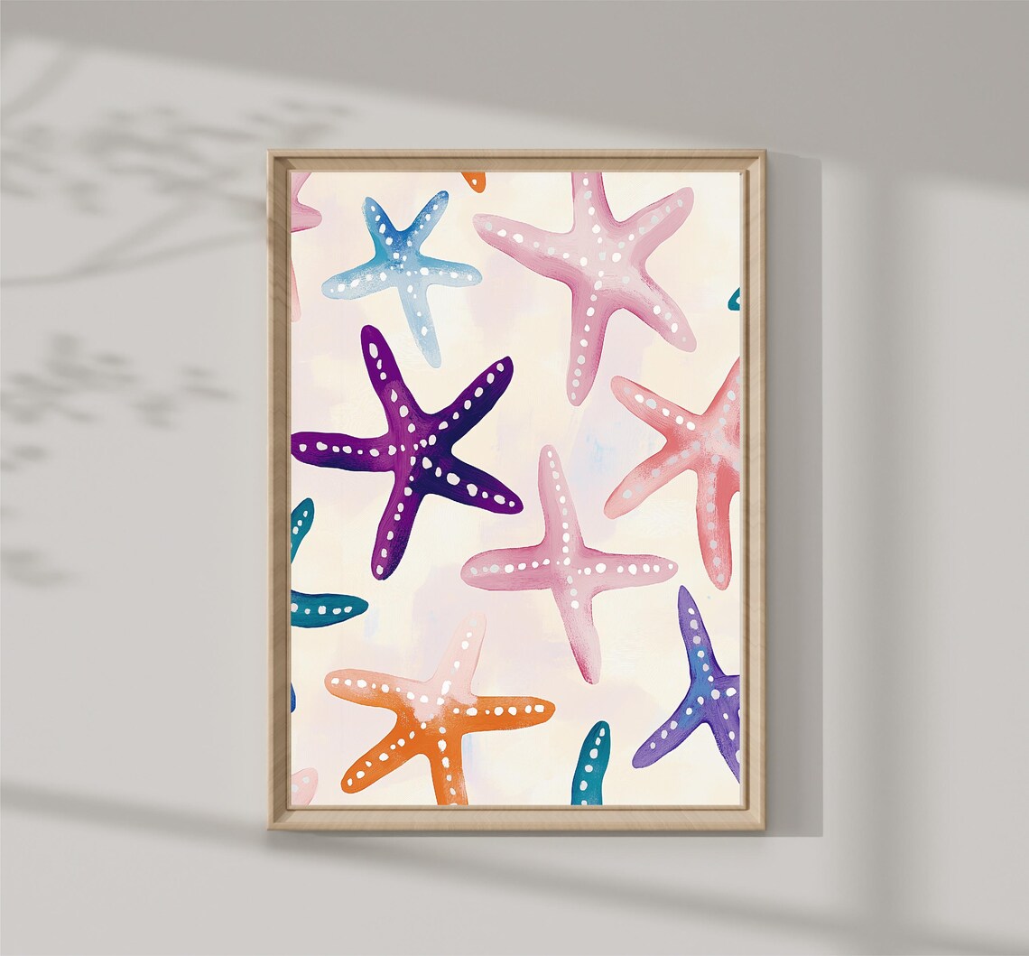 Pink Pastel Starfish Painting Pastel Sea Shells Wall Art Print Pink Decor Beach House Deco
