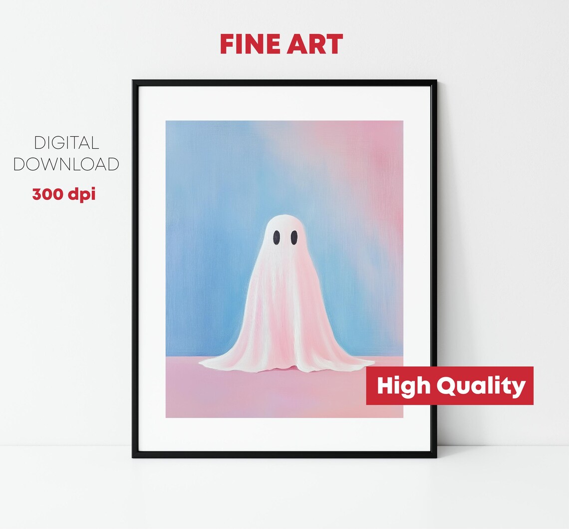 Cute Little Ghost Pastel Pink Blue Halloween Nursery Girls Room Print - Image 2