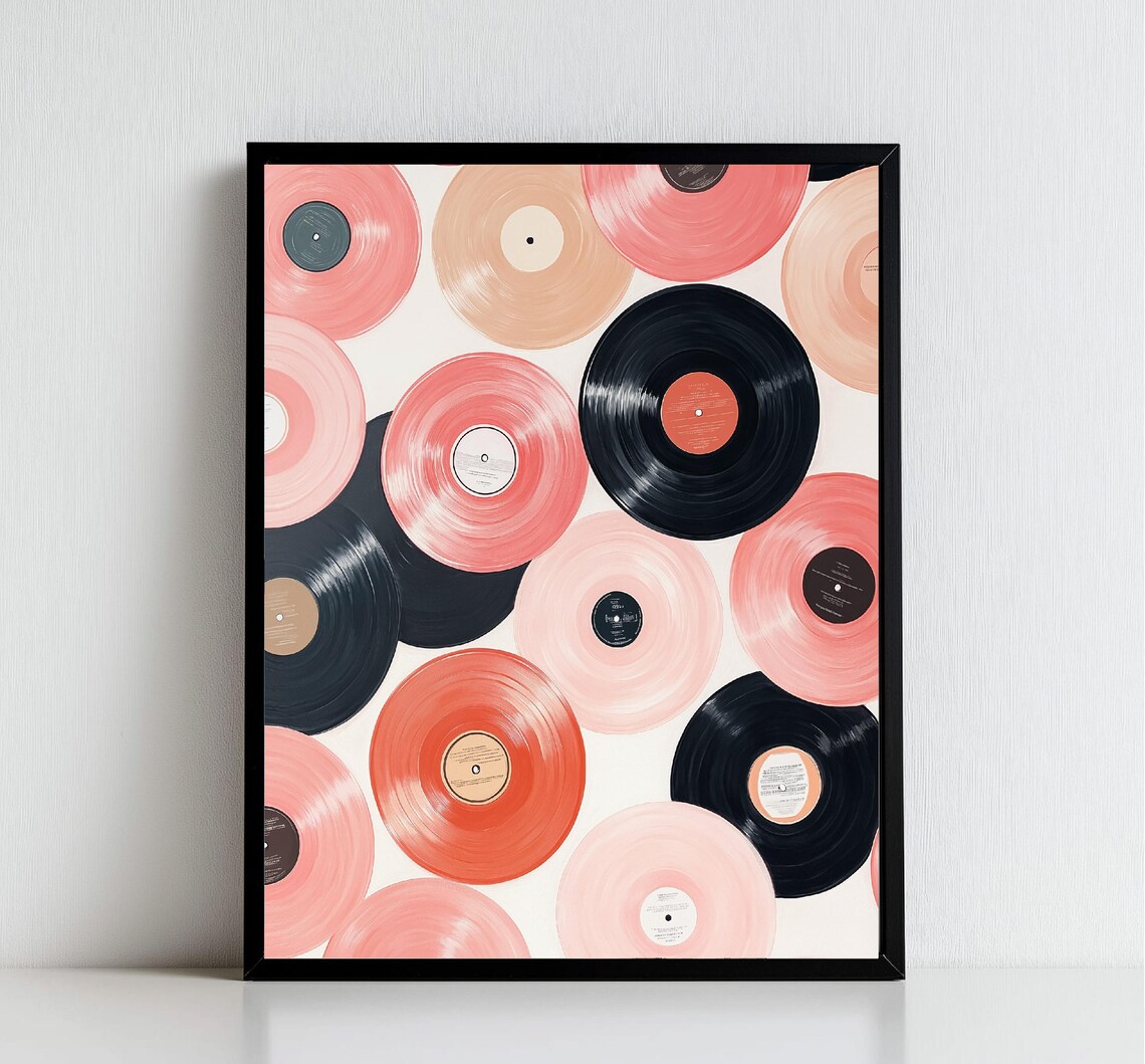 Vinyl Records Painting Pink Black Cream Music Collector Wall Art - Image 2