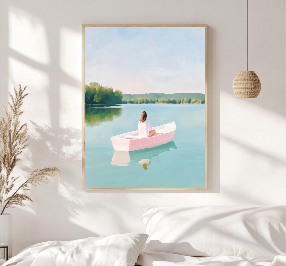 Woman In Pink Boat On Calm Lake Summer Pastel Painting Art Poster - Image 2