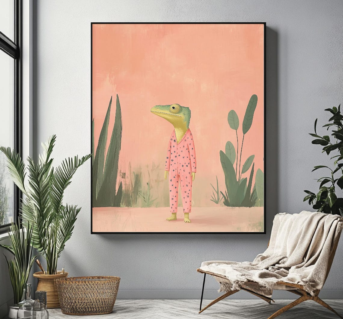 Colorful Cute Anthropomorphic Chameleon Dressed Pastel Wall Art Print Trendy Girly Watercolor Animal Trendy - Image 3