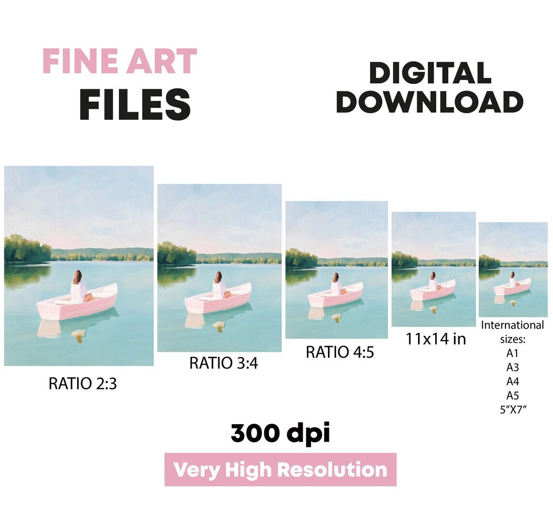Woman In Pink Boat On Calm Lake Summer Pastel Painting Art Poster - Image 5
