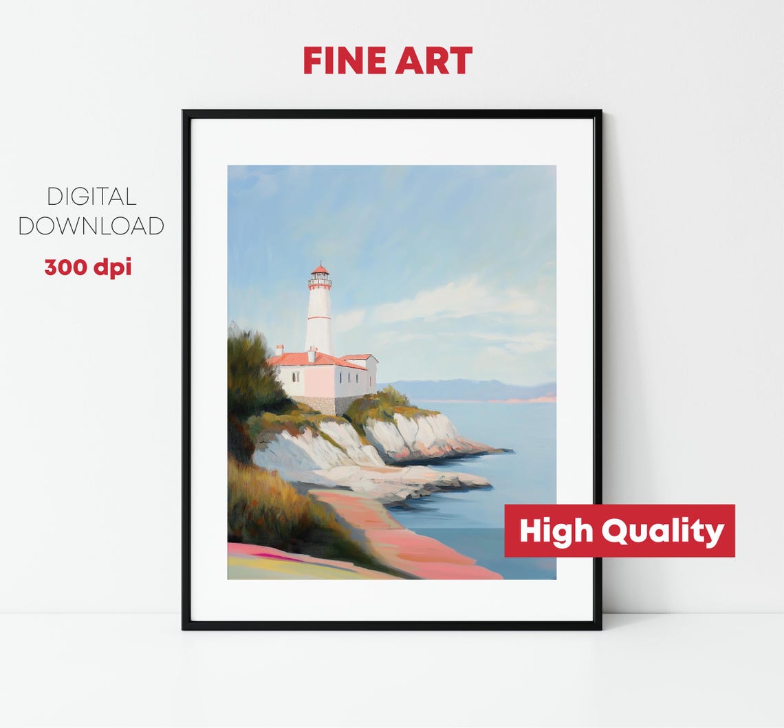 White Lighthouse On Rocky Cliffs Blue Sea Coastal Beacon Print - Image 2