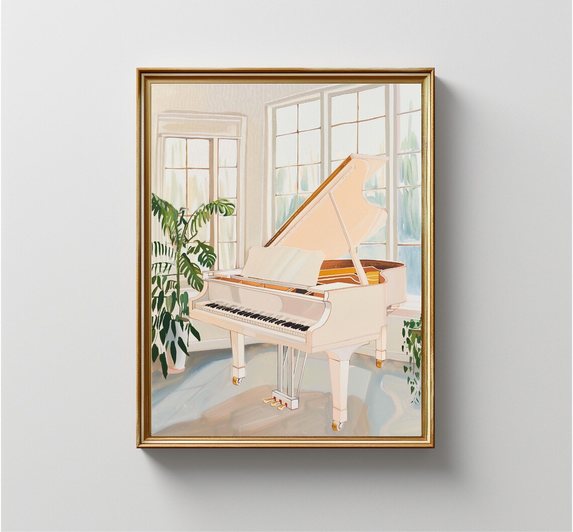 White Grand Piano Bright Sunroom Plants Elegant Music Room Poster - Image 3