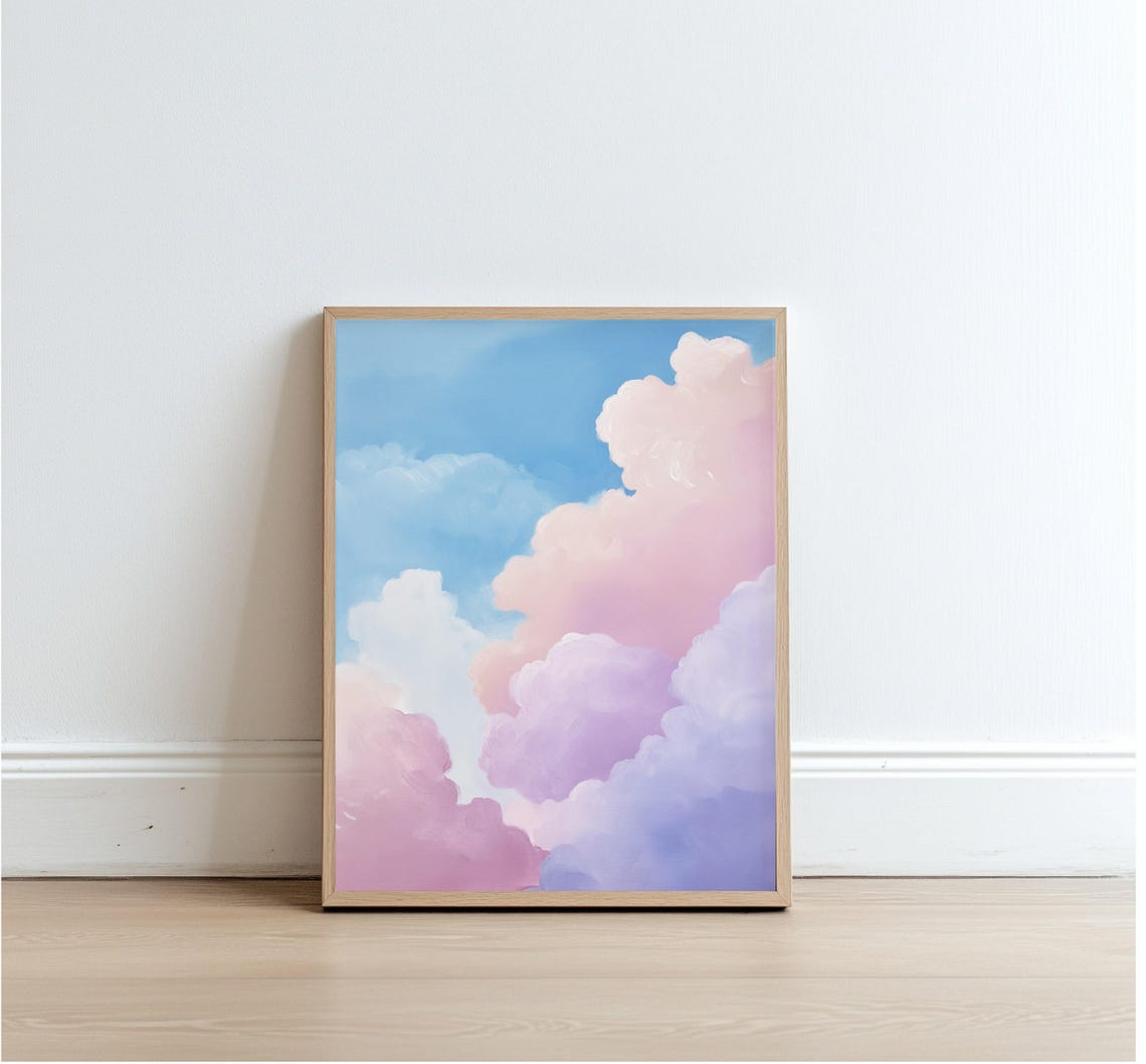 Pastel Pink Clouds Dreamy Blue Sky Calm Soft Landscape Wall Art - Image 2