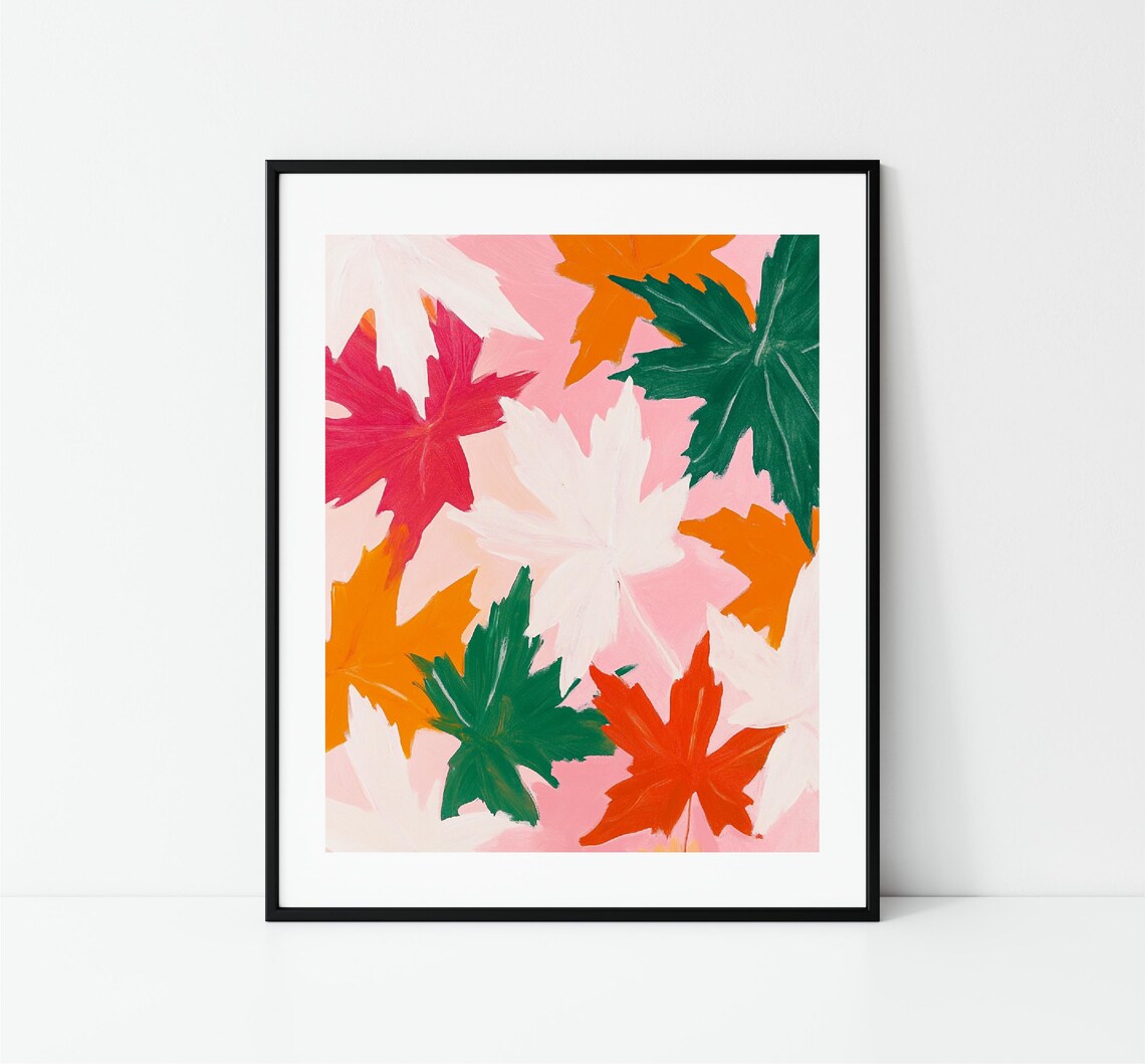 Fall Maple Leaves On Pink Background Orange Red Green Autumn Art Print - Image 3