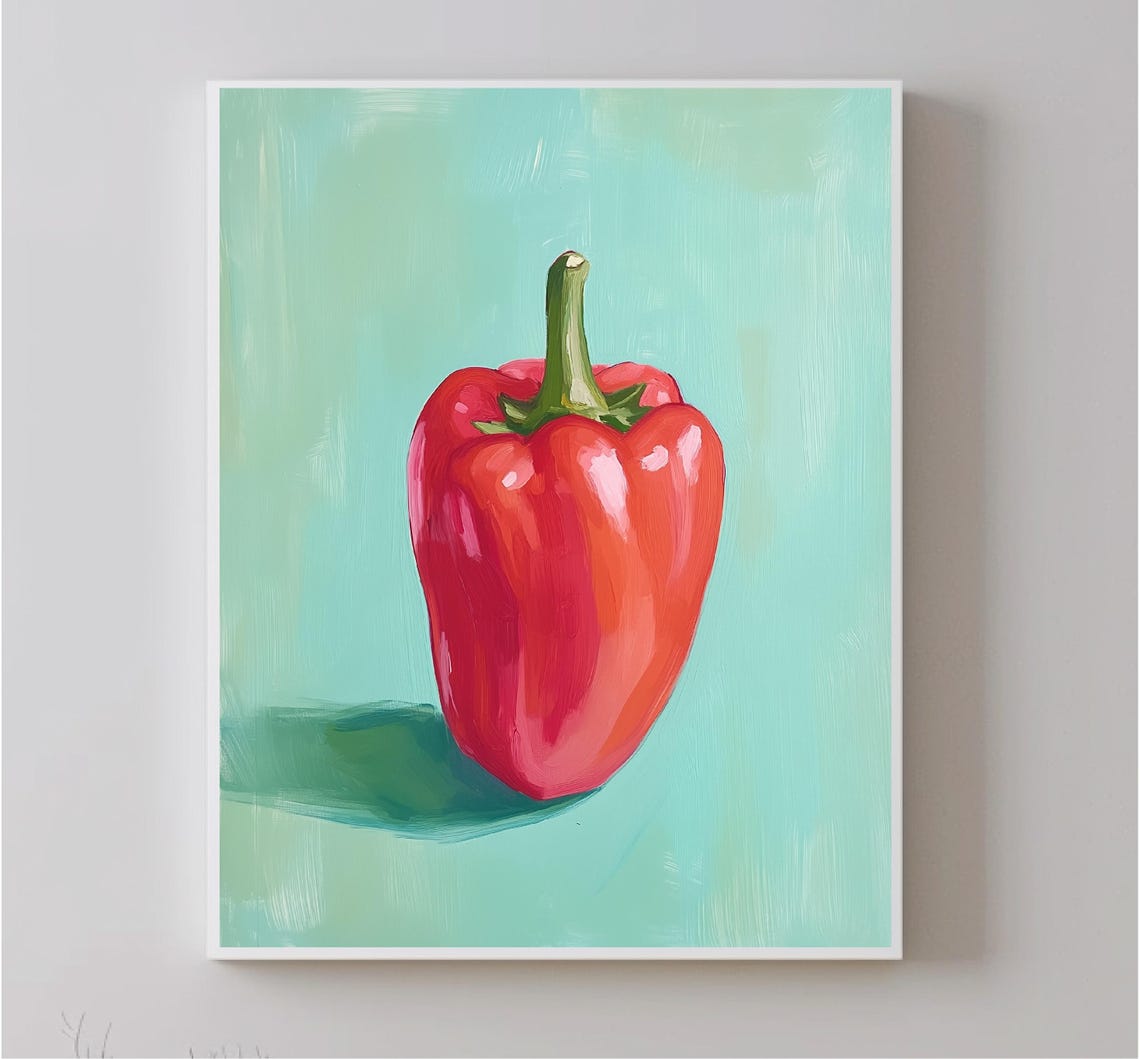 Red Bell Pepper On Teal Background Bold Vegetable Still Life Poster