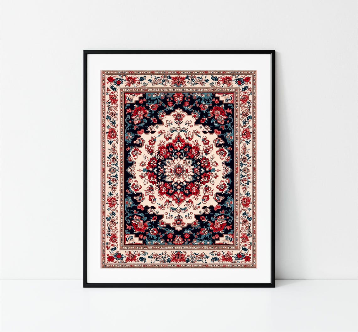 Vintage Persian Rug Pattern Red Navy Cream Medallion Antique Wall Art - Image 3