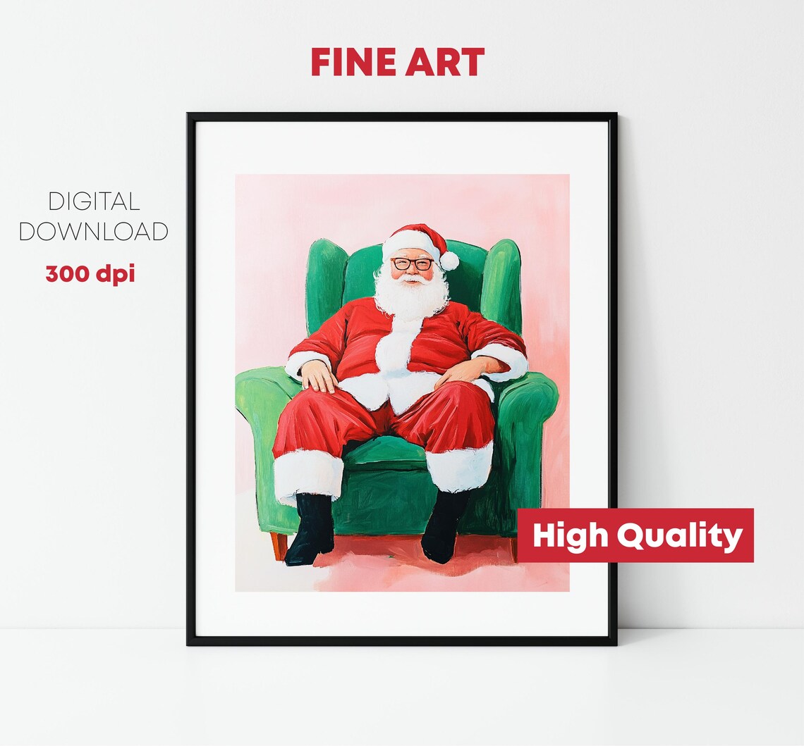 Santa Claus Relaxing Green Armchair Pink Christmas Portrait Poster - Image 3