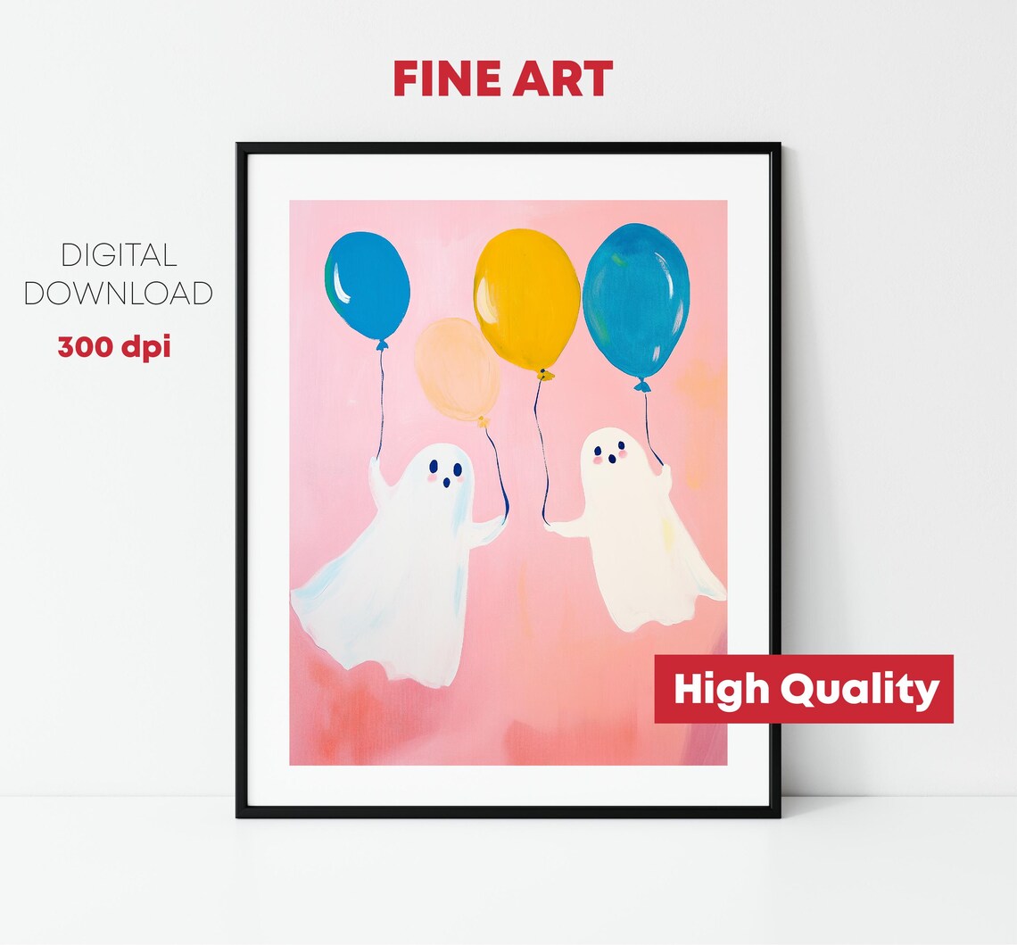 Cute Pink Ghosts Holding Balloons Pastel Halloween Party Wall Art Print - Image 3
