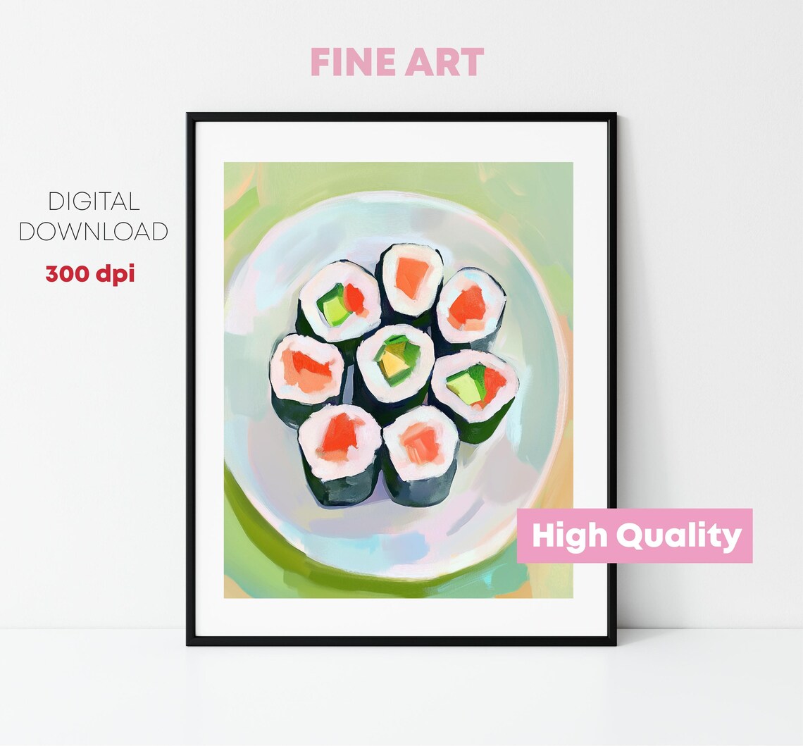 Sushi Rolls On Plate Pastel Japanese Food Painting Kitchen Poster - Image 3