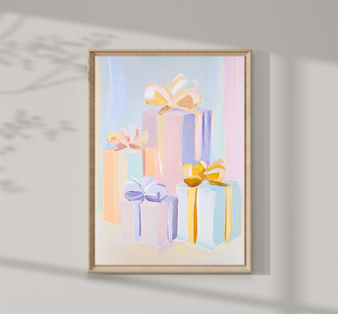 Pastel Christmas Gift Boxes Big Bows Holiday Presents Painting Poster