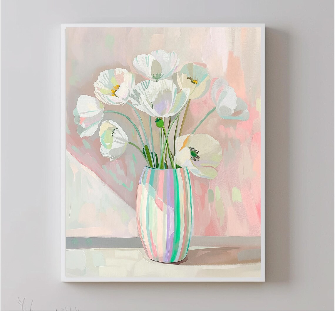 White Poppies In Pastel Striped Vase Floral Still Life Art Poster