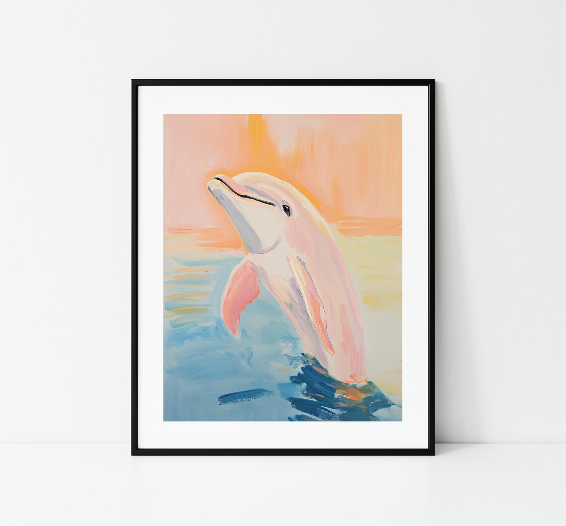 Pink Dolphin Leaping Sunset Ocean Pastel Coastal Nursery Art Print - Image 3