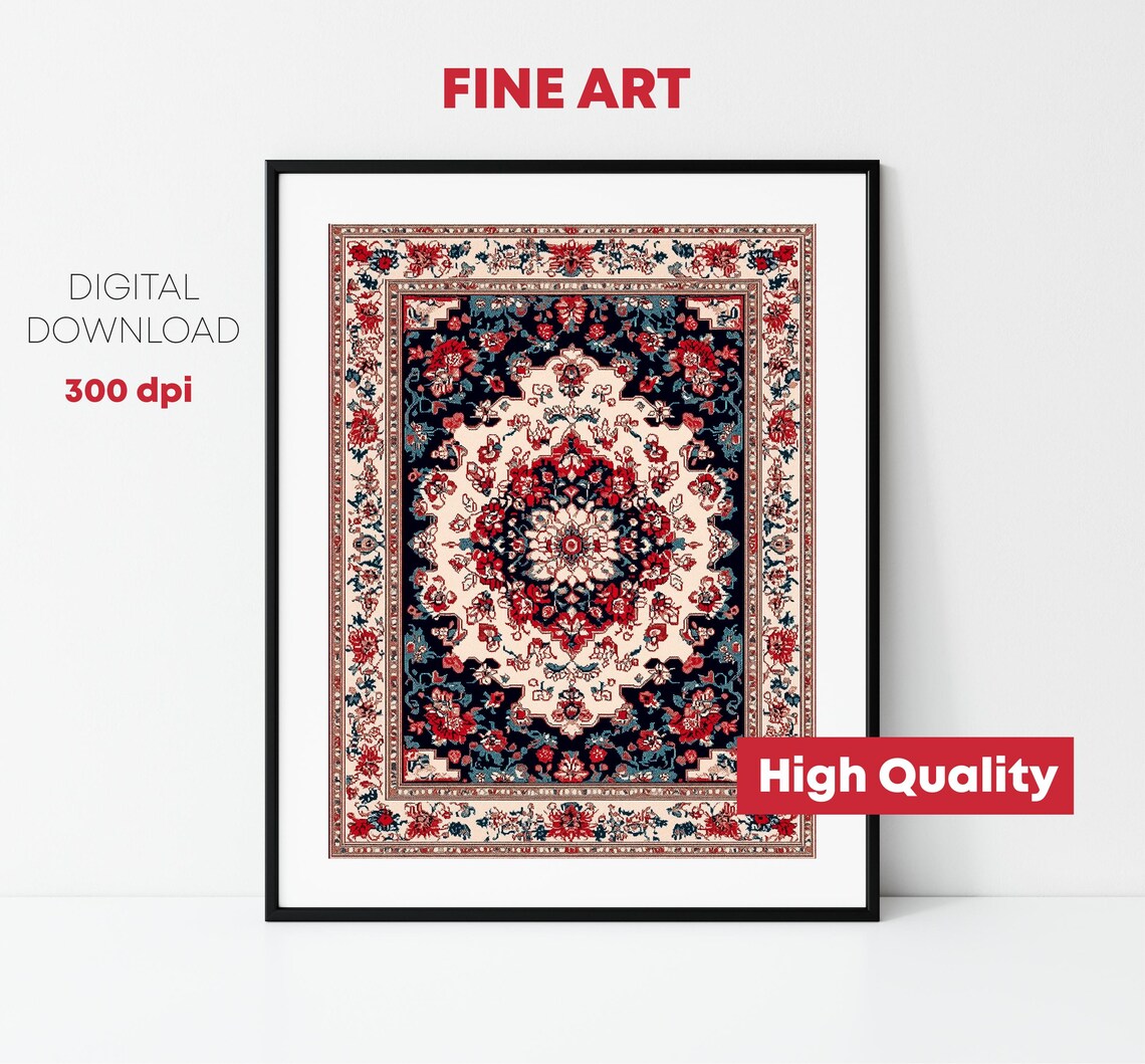 Vintage Persian Rug Pattern Red Navy Cream Medallion Antique Wall Art - Image 2