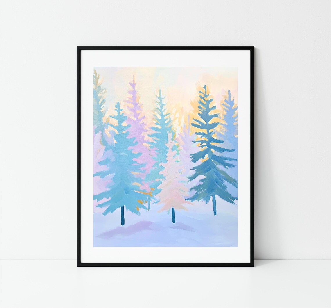 Pastel Winter Pine Forest Snowy Blue Trees Holiday Christmas Wall Art - Image 3