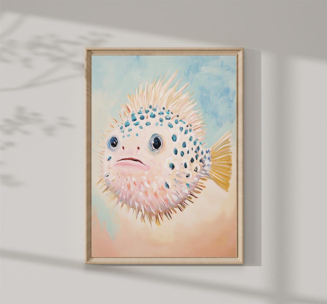 Cute Spotted Pufferfish Portrait Pastel Watercolor Nursery Art Print