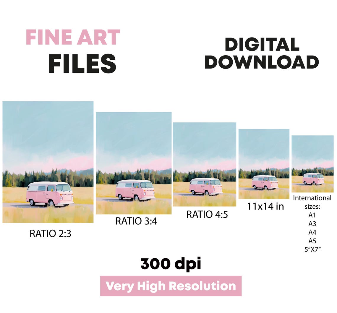 Pink Vintage Van In Golden Meadow Pastel Road Trip Art Poster - Image 5