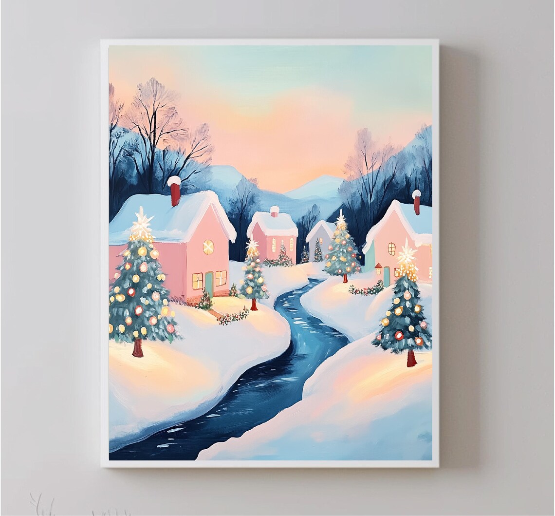 Pink Snowy Christmas Village Cottages River Holiday Scene Poster