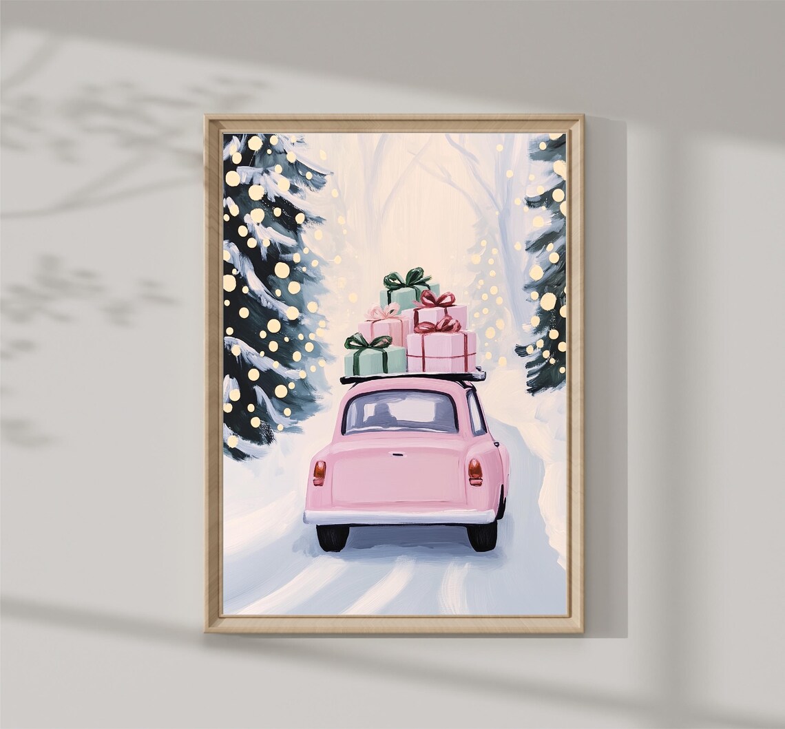 Pink Vintage Car Gifts Roof Snowy Forest Christmas Drive Poster