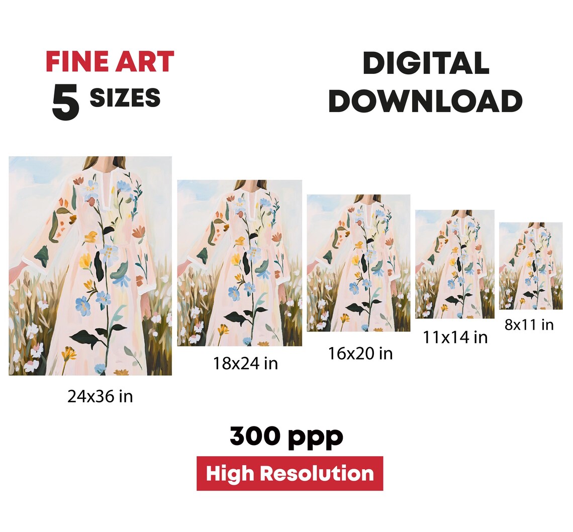 Woman In Floral Dress Standing In Wildflower Field Dreamy Print - Image 4