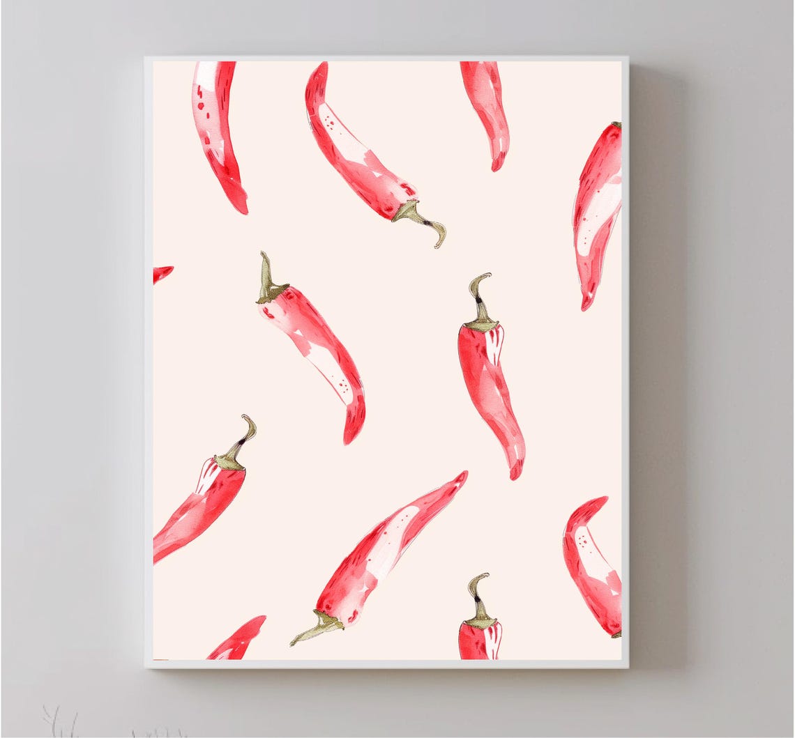 Red Chili Peppers Watercolor Pattern Cream Background Kitchen Print