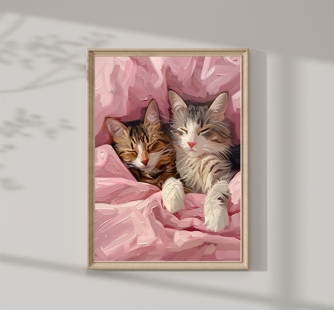 Two Kittens Cuddling Pink Blanket Sleepy Cats Oil Painting Poster - Image 2