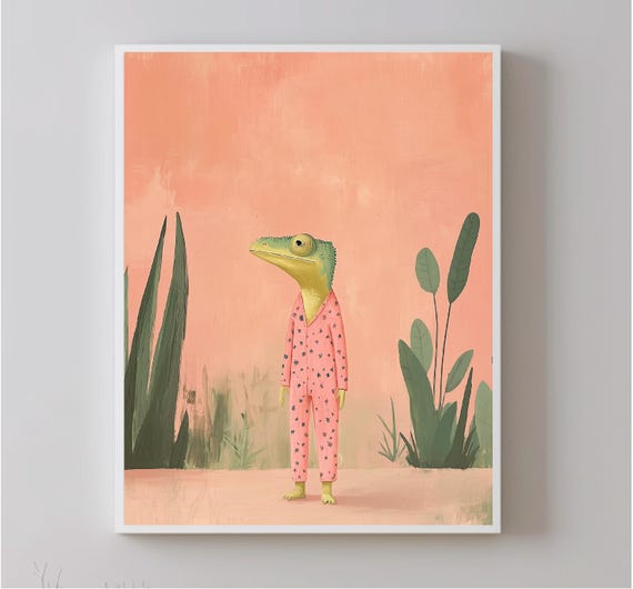 Colorful Cute Anthropomorphic Chameleon Dressed Pastel Wall Art Print Trendy Girly Watercolor Animal Trendy