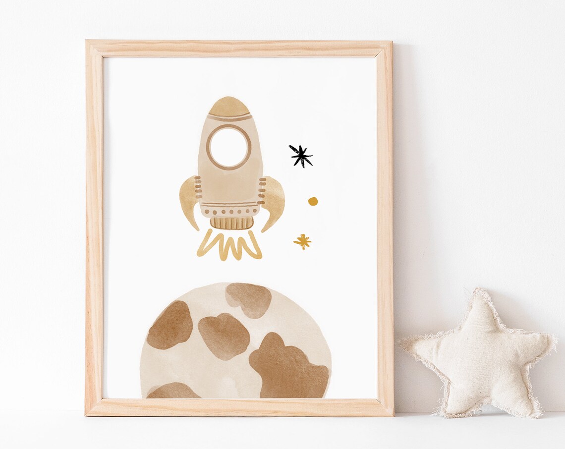 Space Rocket Watercolor Art Print, Boho Nursery Decor