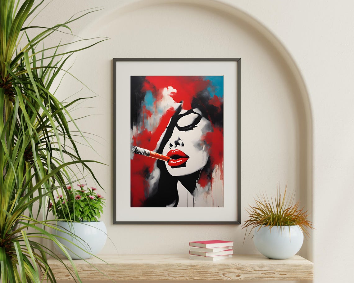 Woman Smoking Portrait, Pop Art Abstract Face - Image 3