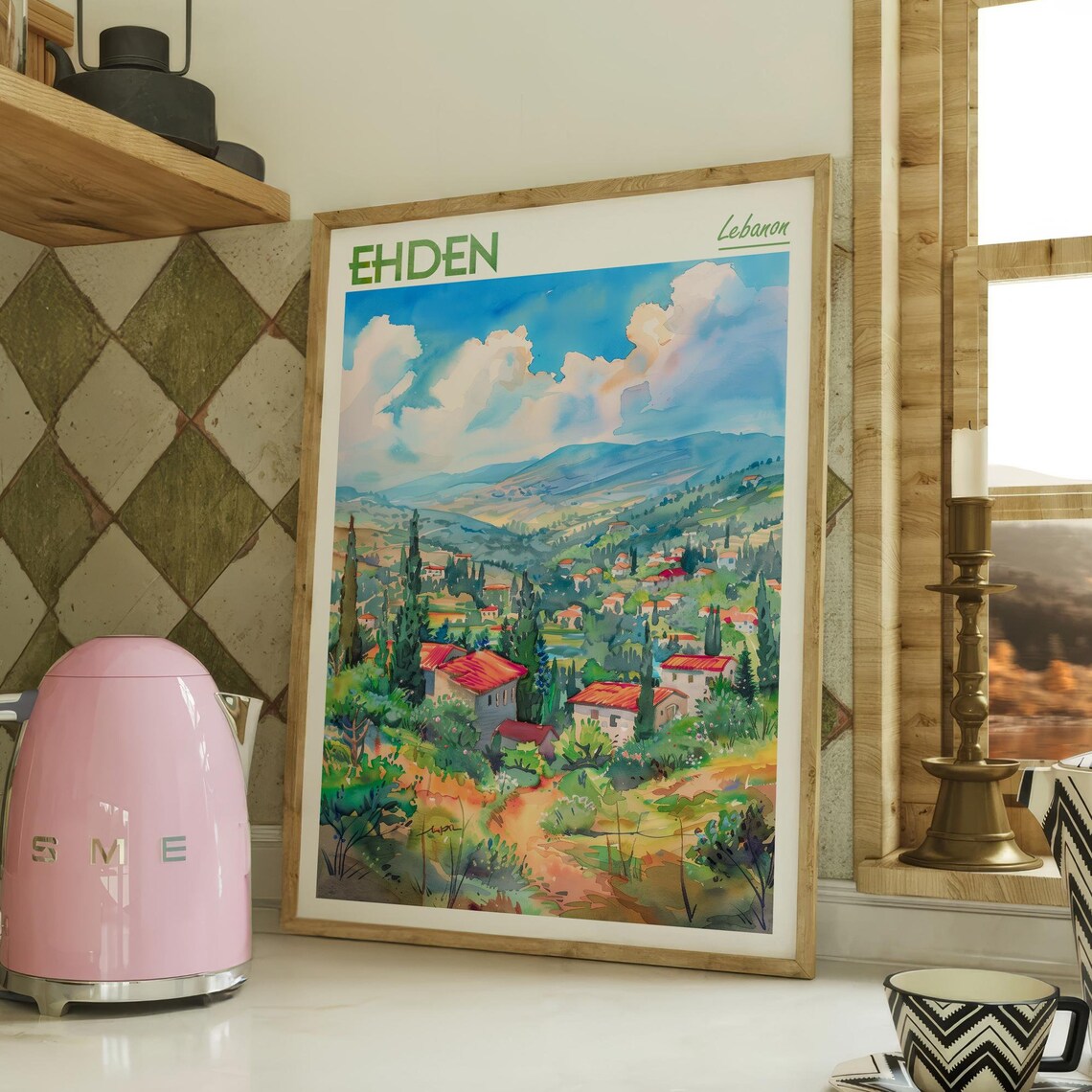 Ehden Lebanon Mountain Village Watercolor Travel Poster Cypress