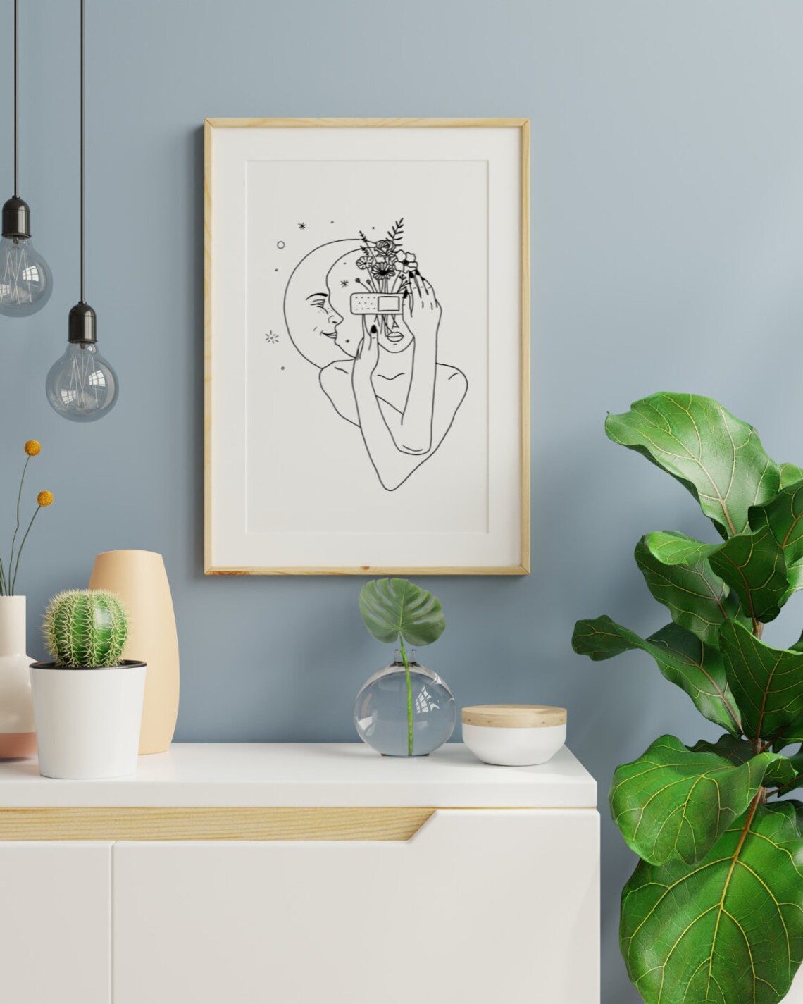 Sleepy Mind Moon Kiss Dreamy Band Aid Flower Line Art Poster - Image 3