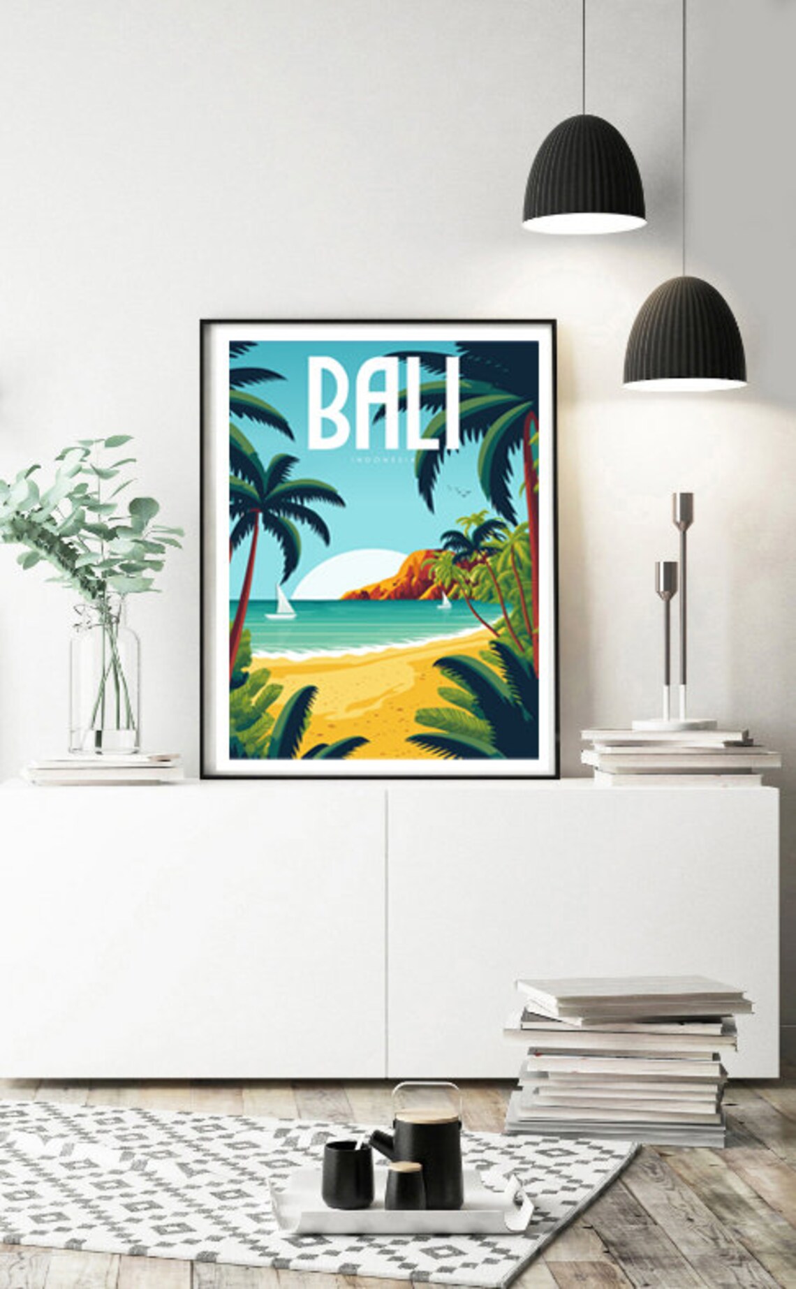 Bali Indonesia Palm Trees Beach Sailboats Sunset Retro Travel Poster - Image 2