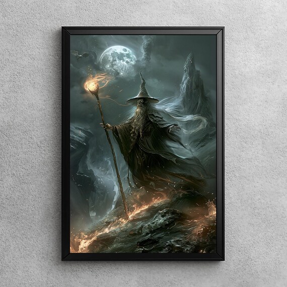 Gothic Fire Mage Wizard Oil Painting Spooky Halloween Wall Art Creepy Fantasy Home Decor Print Artwork