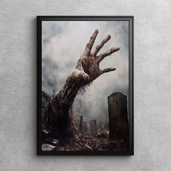 Rising Zombie Hand Spooky Halloween Wall Art Vintage Gothic Decor Creepy Oil Painting Dark Academia Print