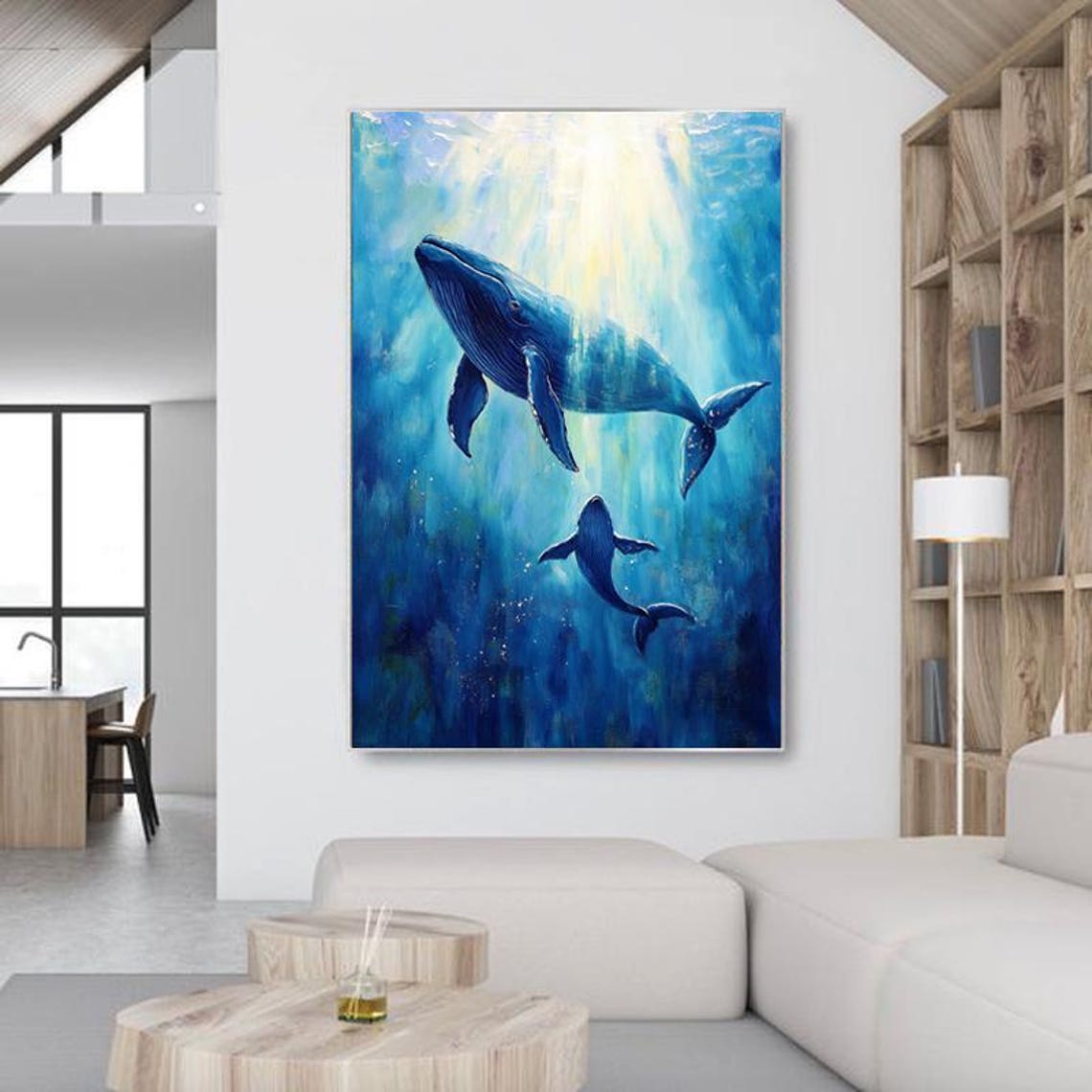 Two Blue Whales Swimming In Sunlit Deep Blue Ocean Vertical Art Poster - Image 4