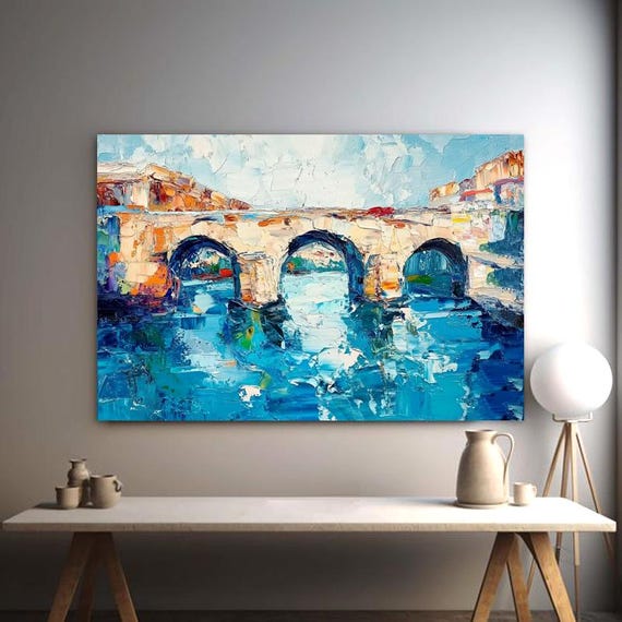 Hand Painted Landscape Oil Painting Bridge Over Stream Rustic Countryside Art For Living Room Entryway Dining Room