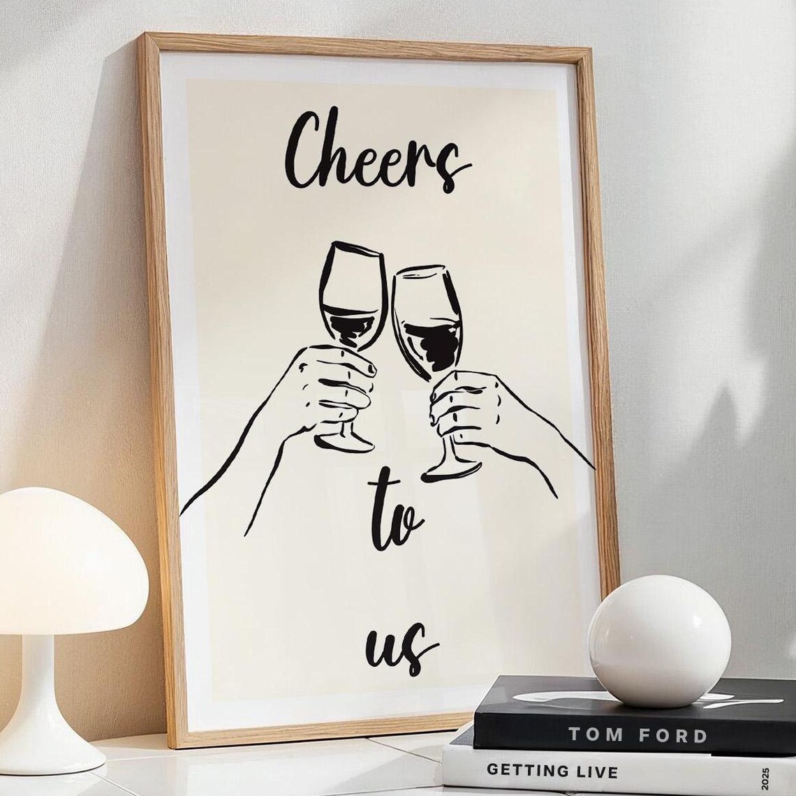 Chic Cheers To Us Minimalist Wine Toast Line Art Bar Cart Print
