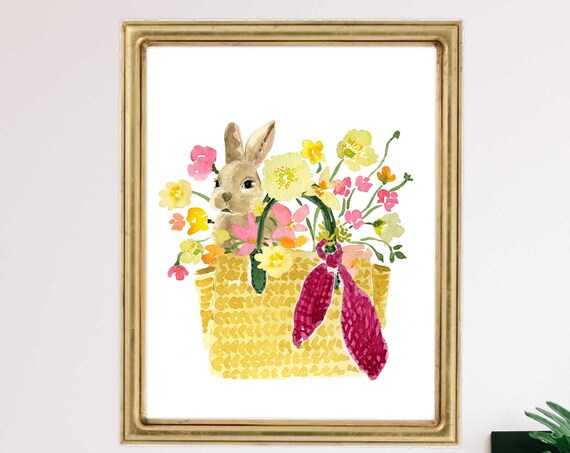 Watercolor Bunny with Flower Basket and Bow Spring Art Poster