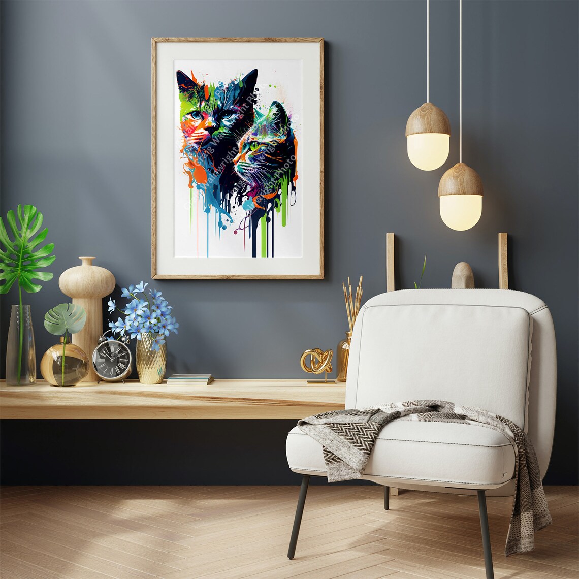 Colorful Splash Art Cat Portrait with Two Feline Faces Poster - Image 3