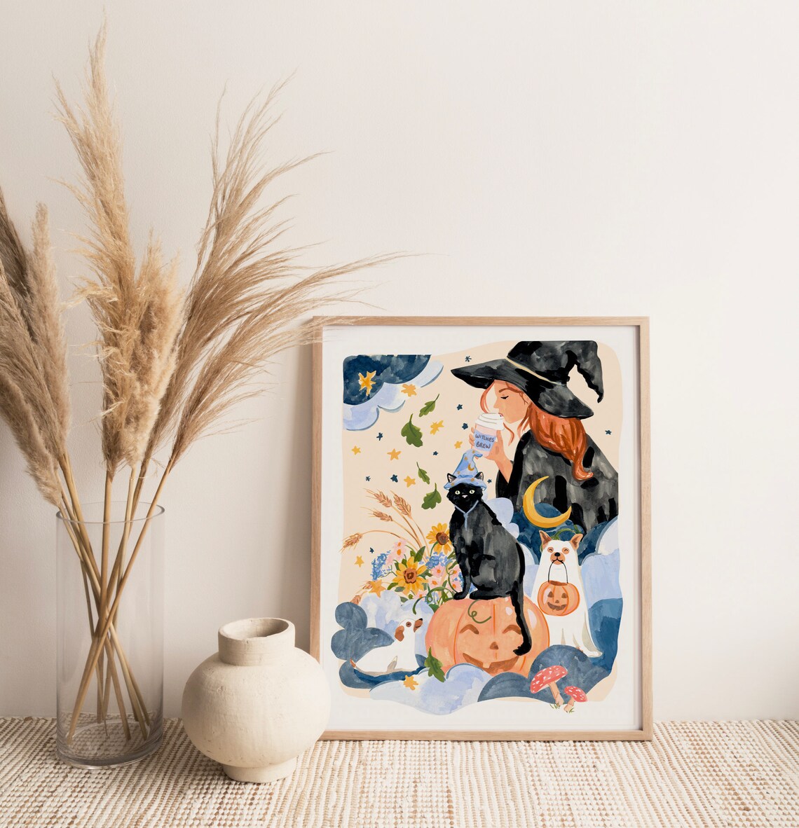 Halloween Witch Black Cat and Ghost Dogs Art Print - Image 3