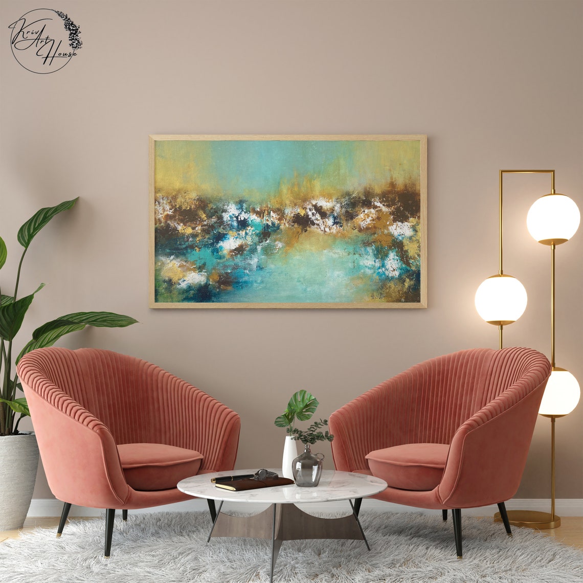 Turquoise and Gold Abstract Landscape Textured Modern Art Poster - Image 4