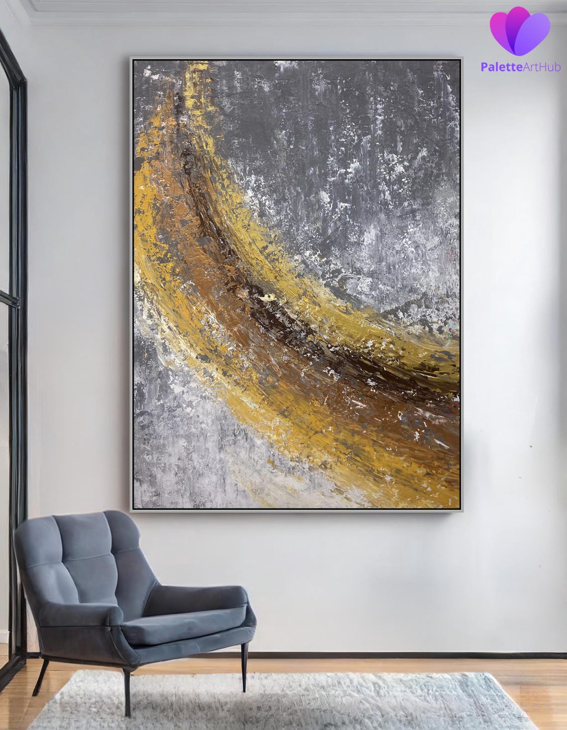 Golden Ochre Sweep Across Grey Textured Modern Abstract Poster - Image 2