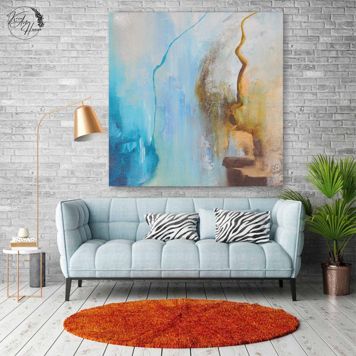 Teal Blue Gold Warm Abstract Flowing Wave Lines Art Wall Print - Image 2