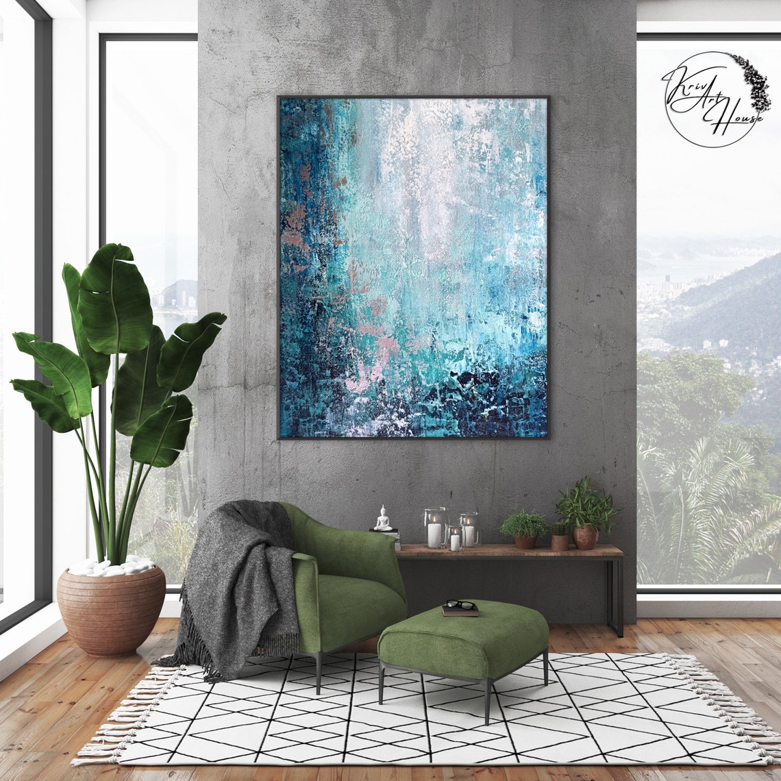 Teal Turquoise Blue Waterfall Cascade Abstract Textured Wall Art - Image 2