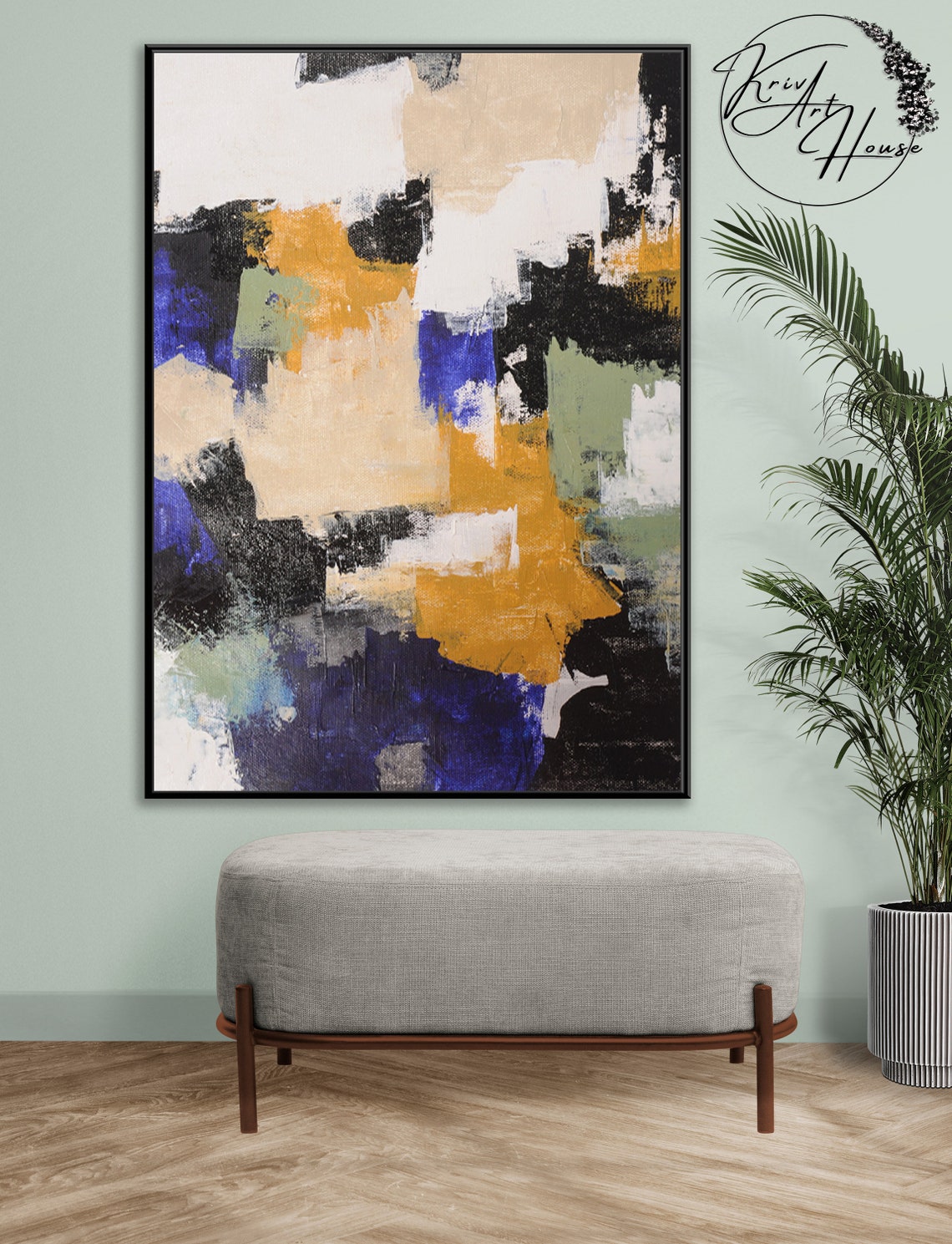 Ochre Black Blue Geometric Blocks Abstract Painting Modern Wall Poster - Image 2